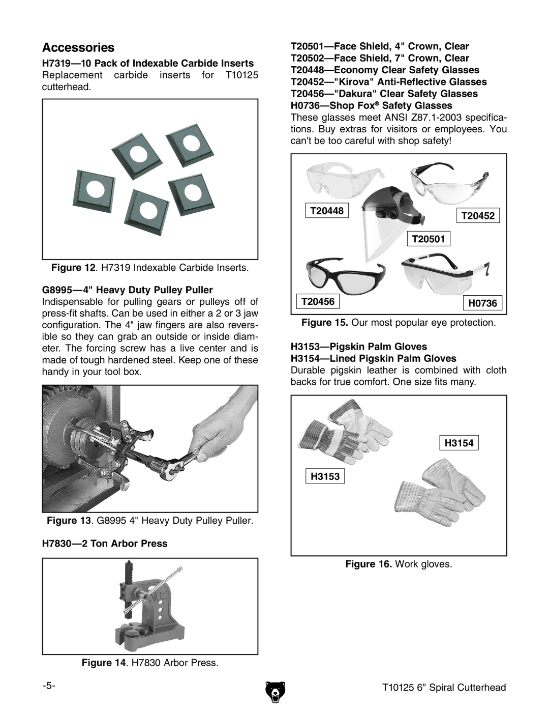 Grizzly T10125 manual Accessories, G8995 4 Heavy Duty Pulley Puller 