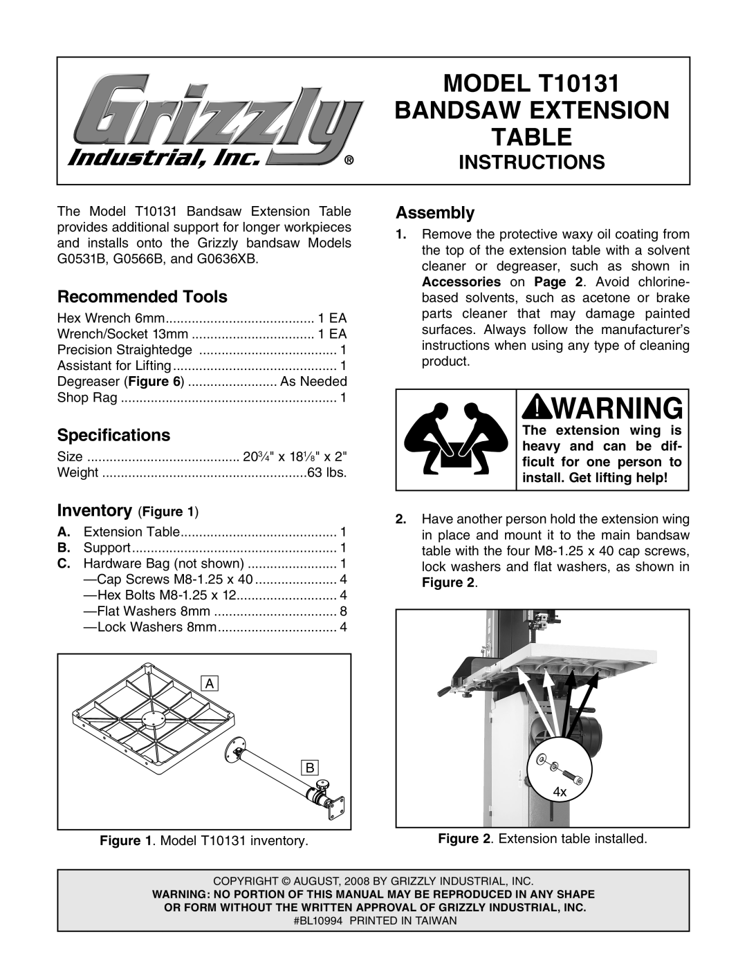 Grizzly specifications Recommended Tools, Specifications, Inventory Figure, Assembly, MODEL T10131, Bandsaw Extension 