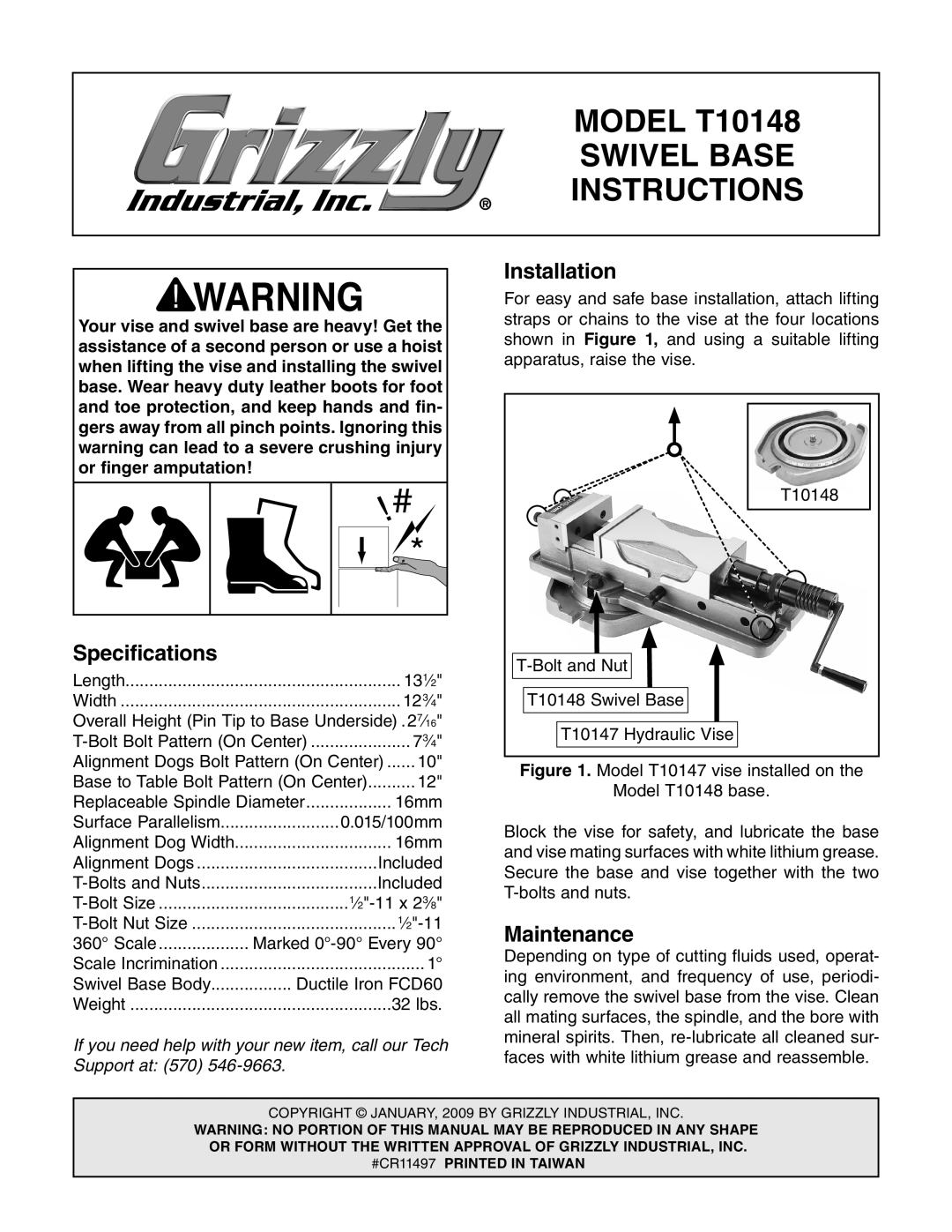 Grizzly T10148 specifications Swivel Base, Instructions, Installation, Specifications, Maintenance 