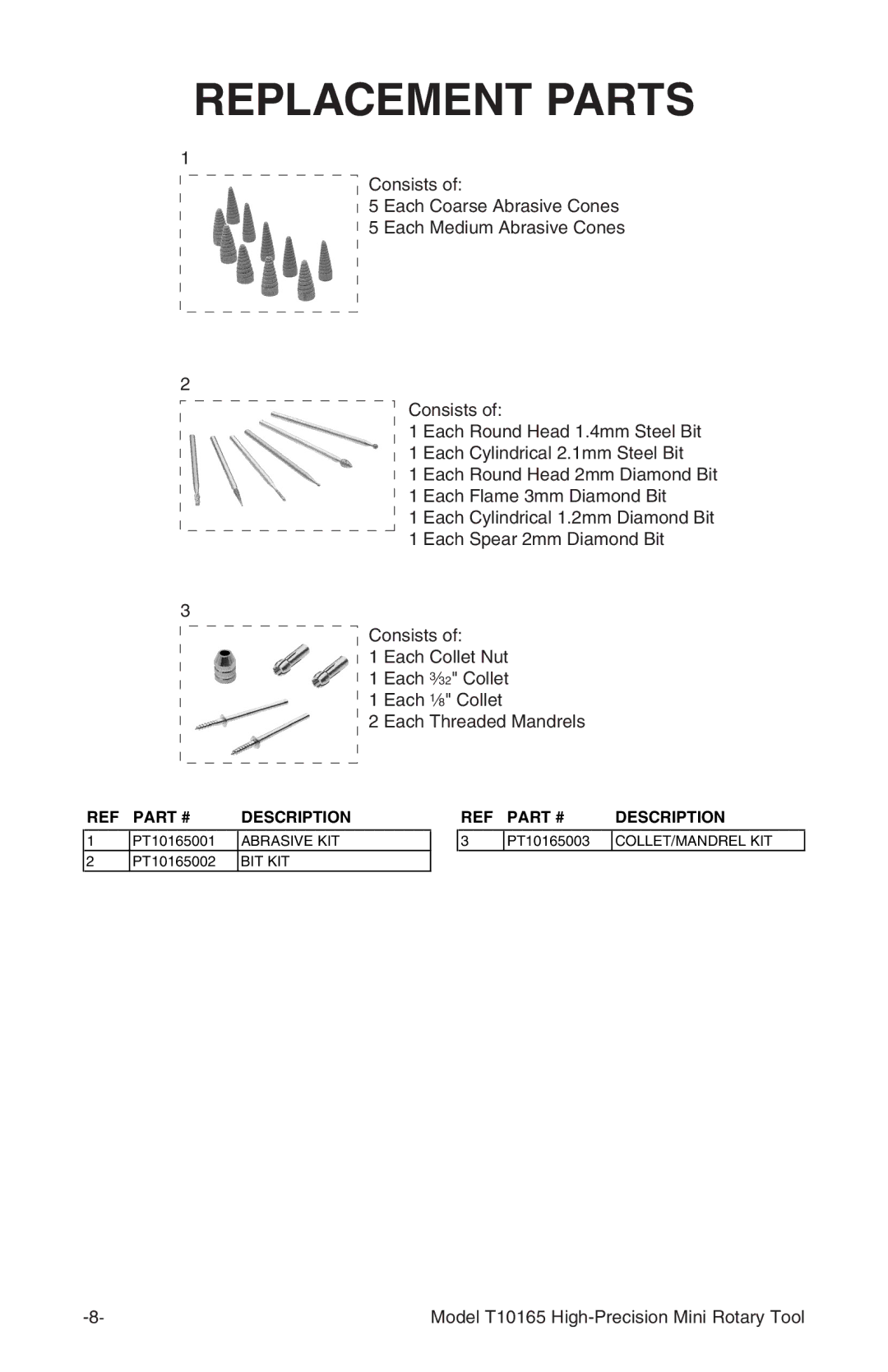 Grizzly T10165 owner manual Replacement Parts 