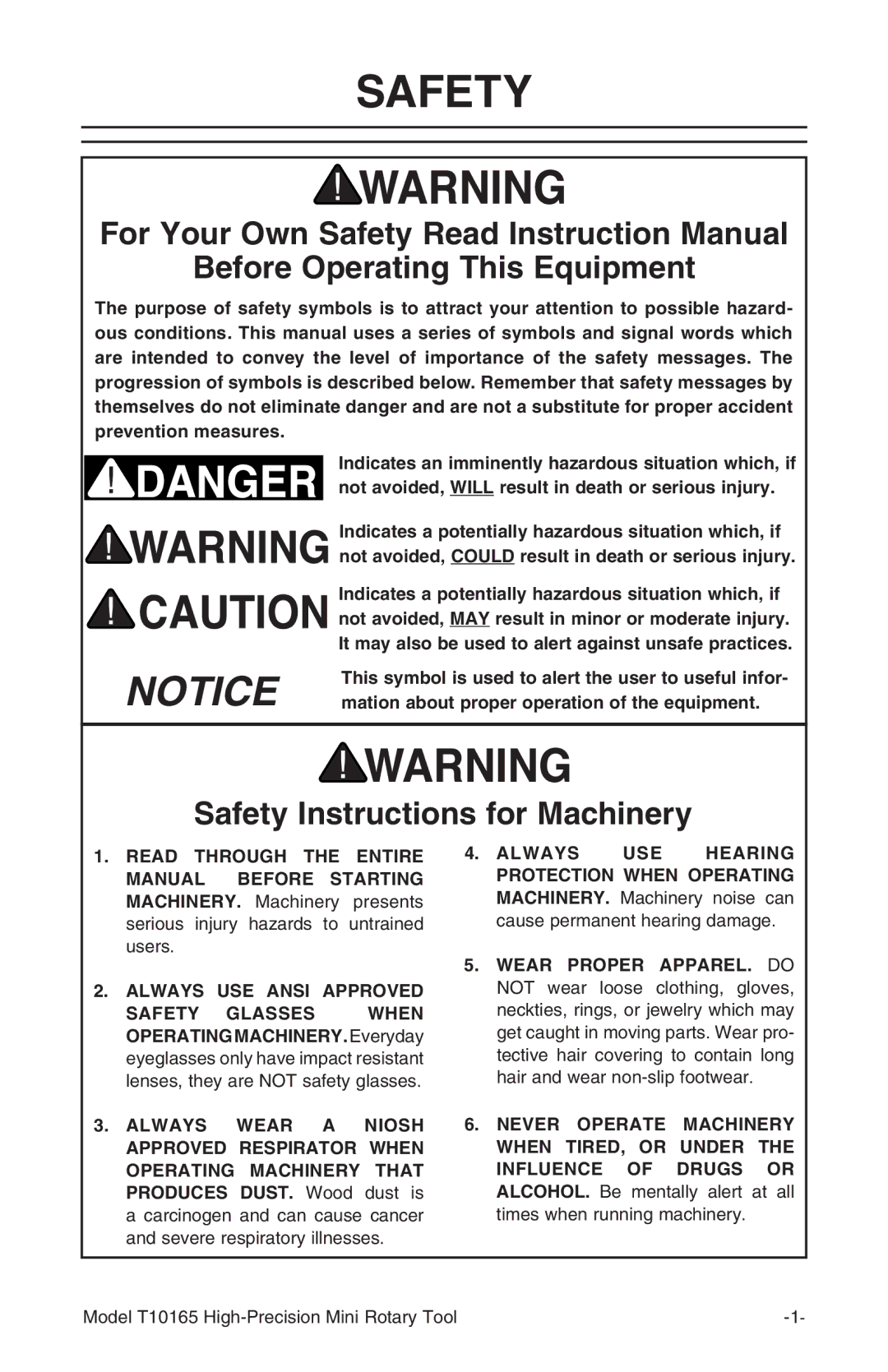 Grizzly T10165 Before Operating This Equipment, Safety Instructions for Machinery, Always USE Ansi Approved 