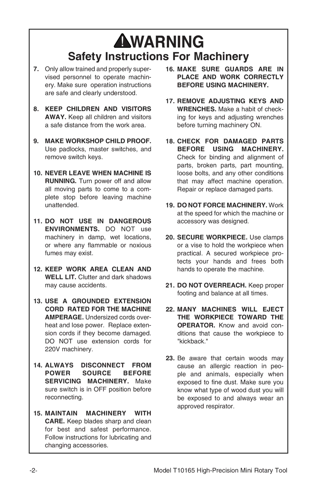 Grizzly T10165 owner manual Make Workshop Child Proof, Check for Damaged Parts Before Using Machinery 