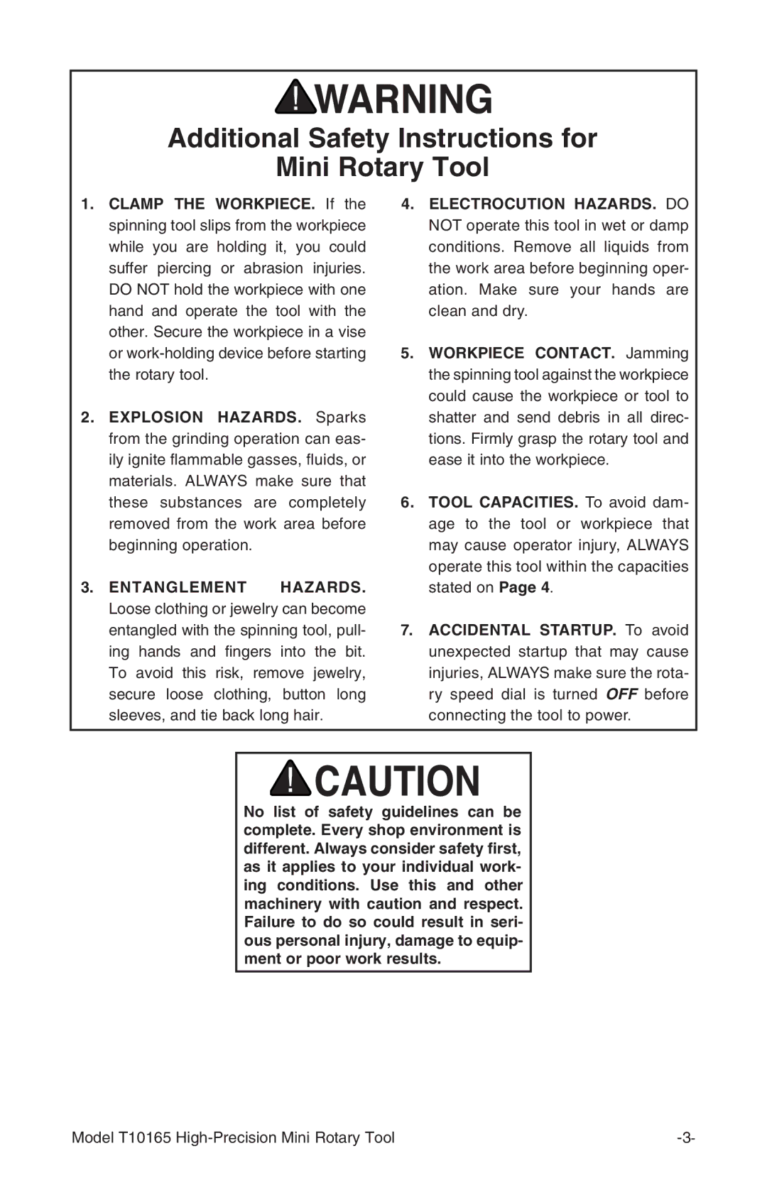 Grizzly T10165 owner manual Additional Safety Instructions for Mini Rotary Tool, Entanglement Hazards 