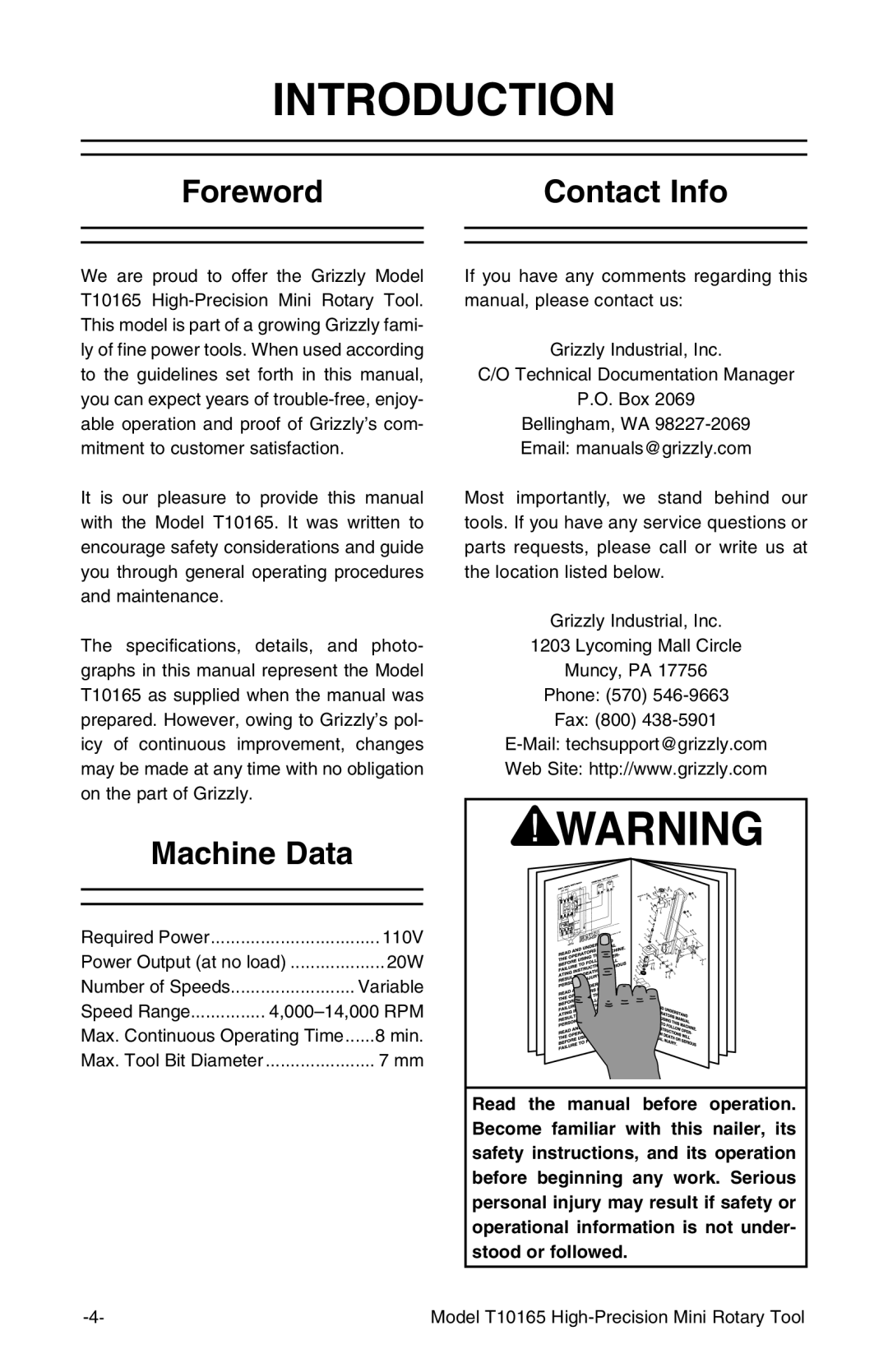 Grizzly T10165 owner manual Introduction, Foreword Contact Info, Machine Data 