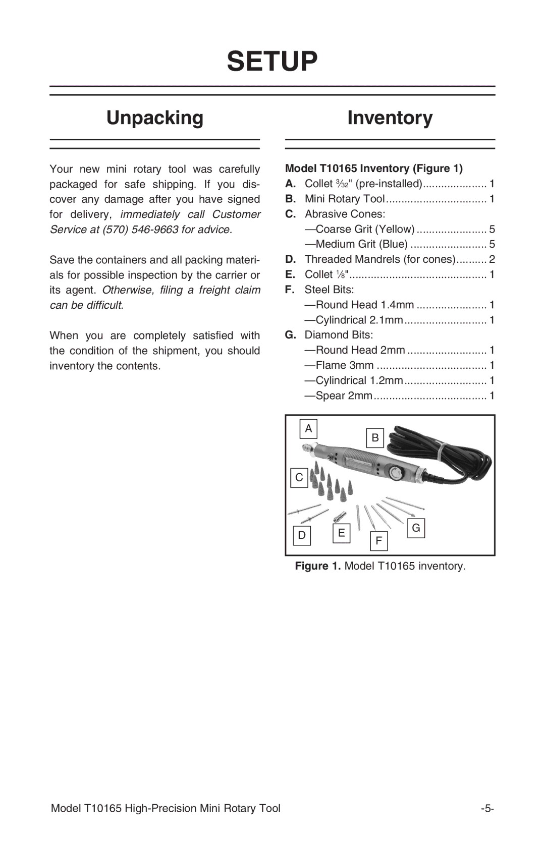 Grizzly T10165 owner manual Setup, UnpackingInventory 