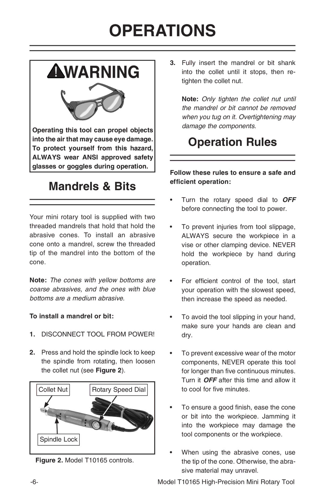 Grizzly T10165 owner manual Operations, Mandrels & Bits, Operation Rules 