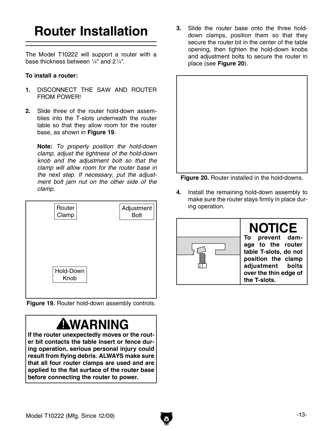 Grizzly T10222 owner manual Router Installation, To install a router 