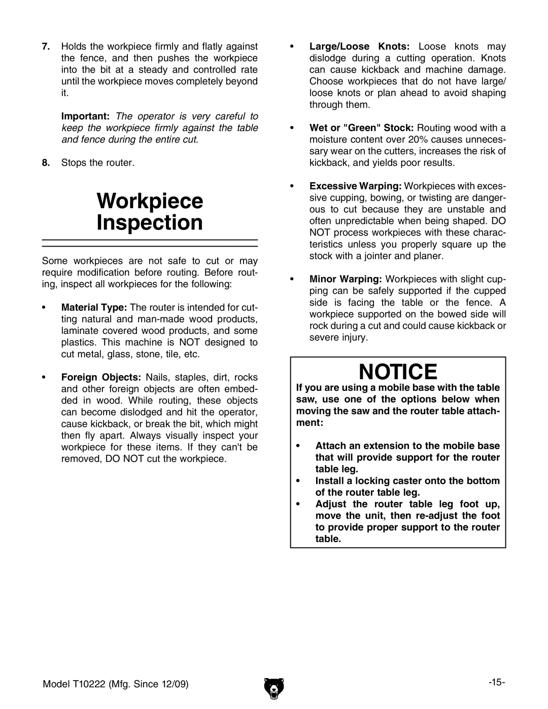 Grizzly T10222 owner manual Workpiece Inspection 