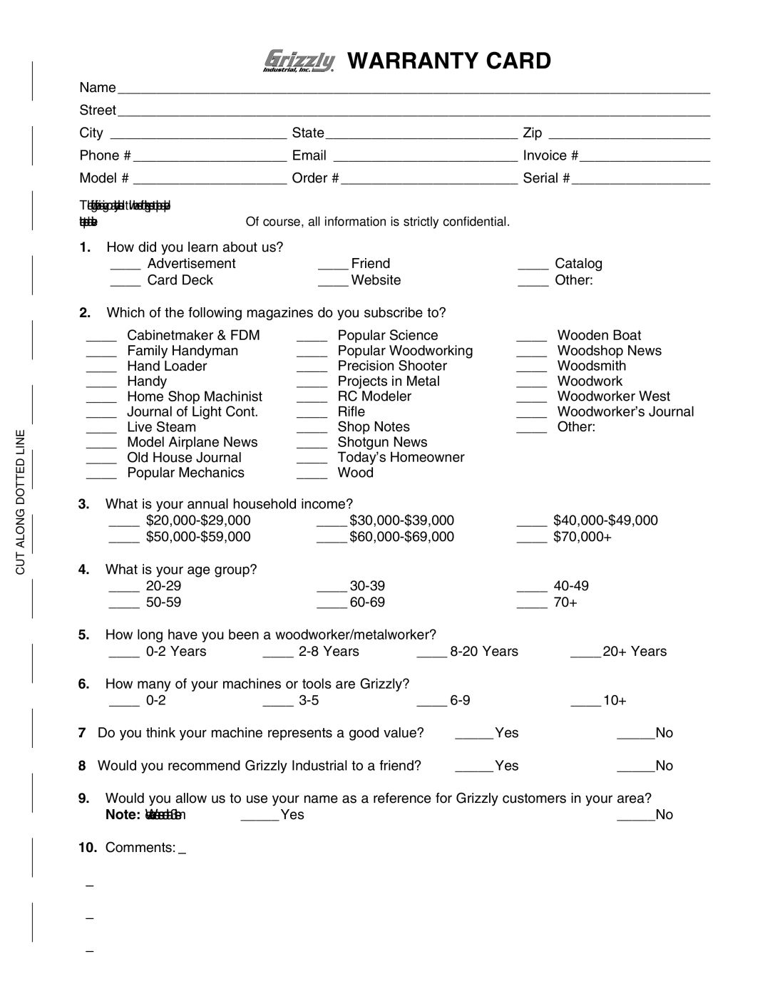 Grizzly T10222 owner manual Warranty Card, Comments 