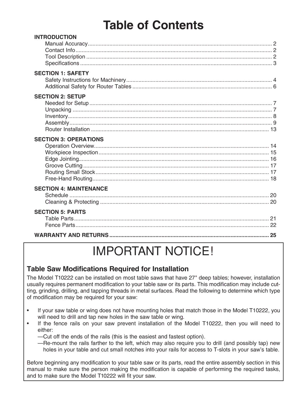 Grizzly T10222 owner manual Table of Contents, Important Notice 