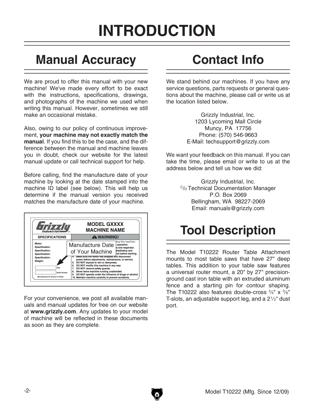 Grizzly T10222 owner manual Introduction, Manual Accuracy, Contact Info, Tool Description 