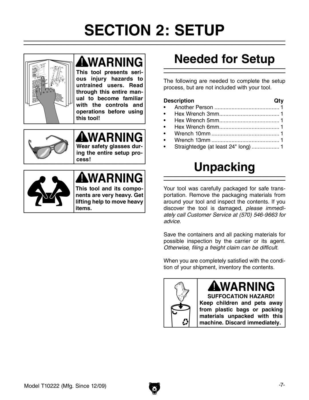 Grizzly T10222 owner manual Needed for Setup, Unpacking, Description Qty 