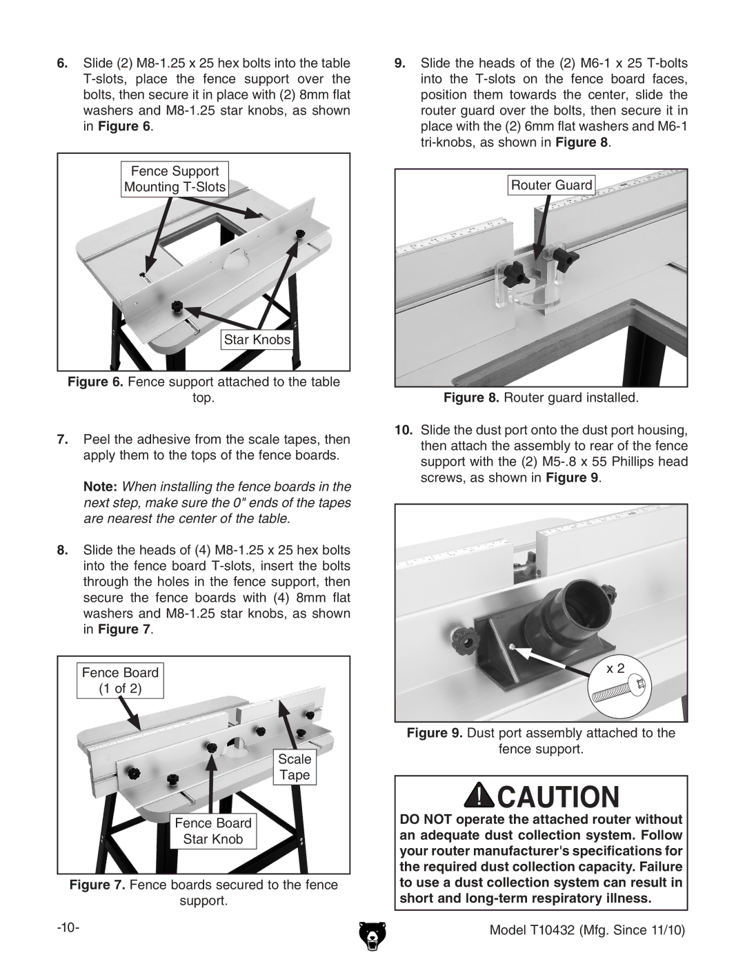 Grizzly T10432 owner manual Dust port assembly attached to Fence support 