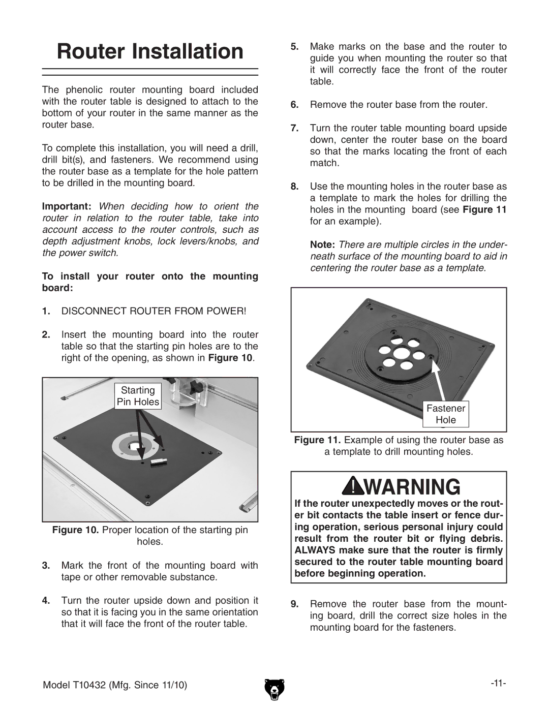 Grizzly T10432 owner manual Router Installation, To install your router onto the mounting board 