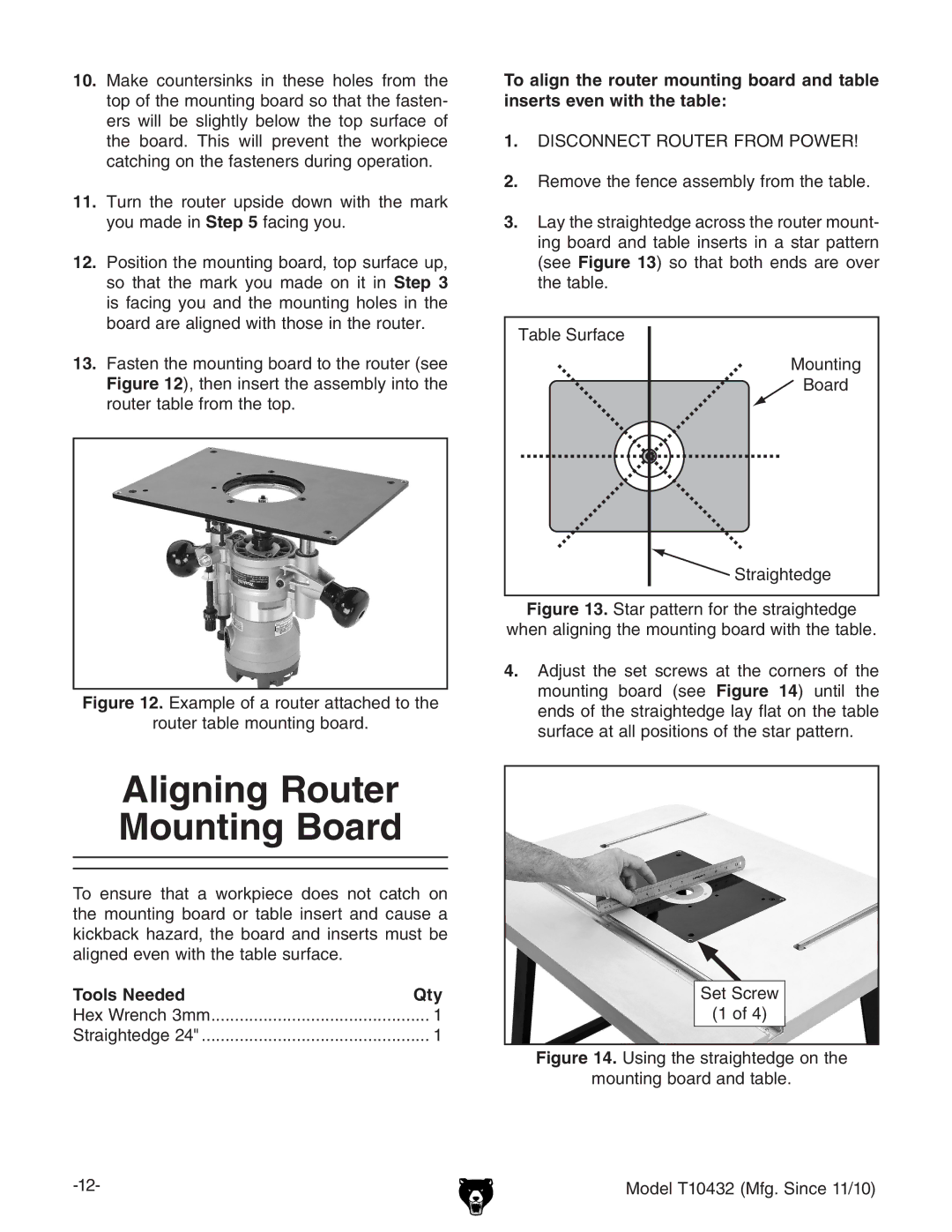 Grizzly T10432 owner manual Aligning Router Mounting Board, Tools Needed Qty 