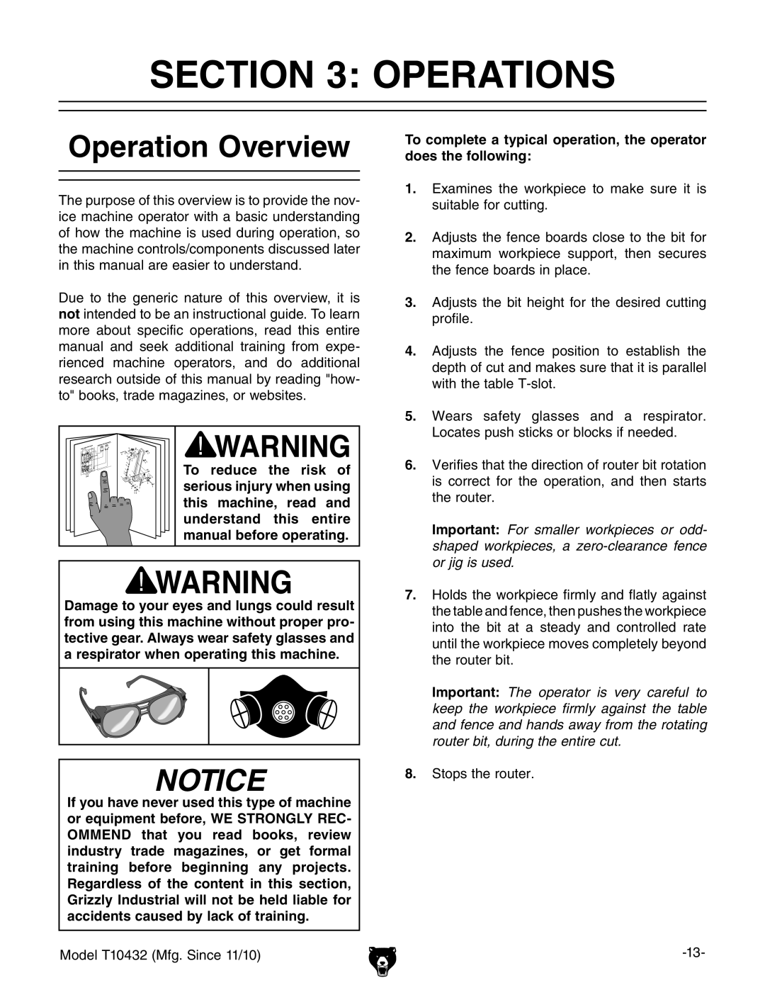 Grizzly T10432 owner manual Operations, Operation Overview 