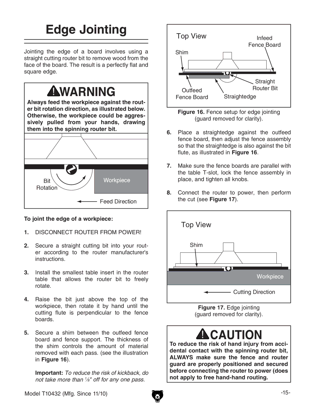 Grizzly T10432 owner manual Edge Jointing, To joint the edge of a workpiece 