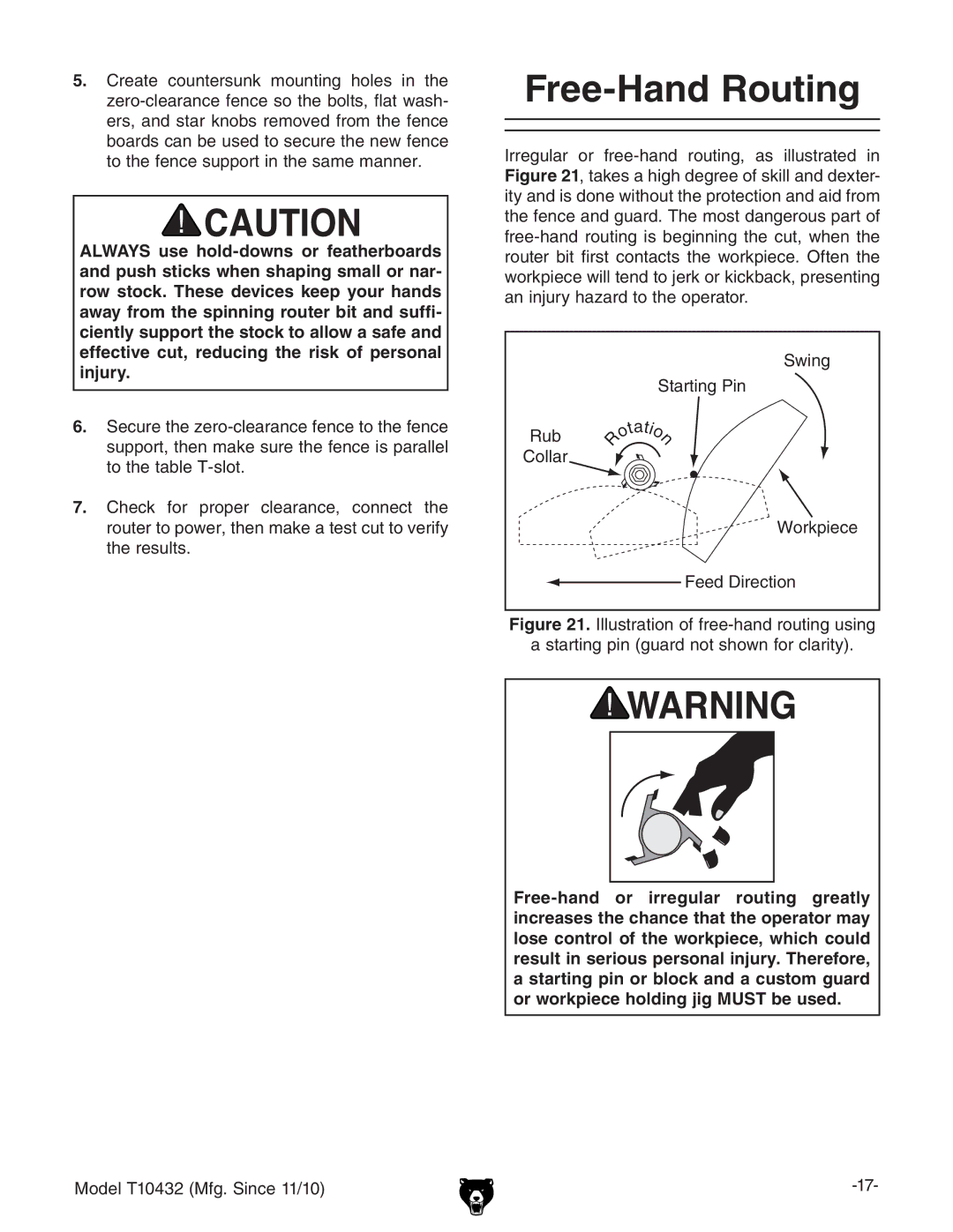 Grizzly T10432 owner manual Free-Hand Routing 