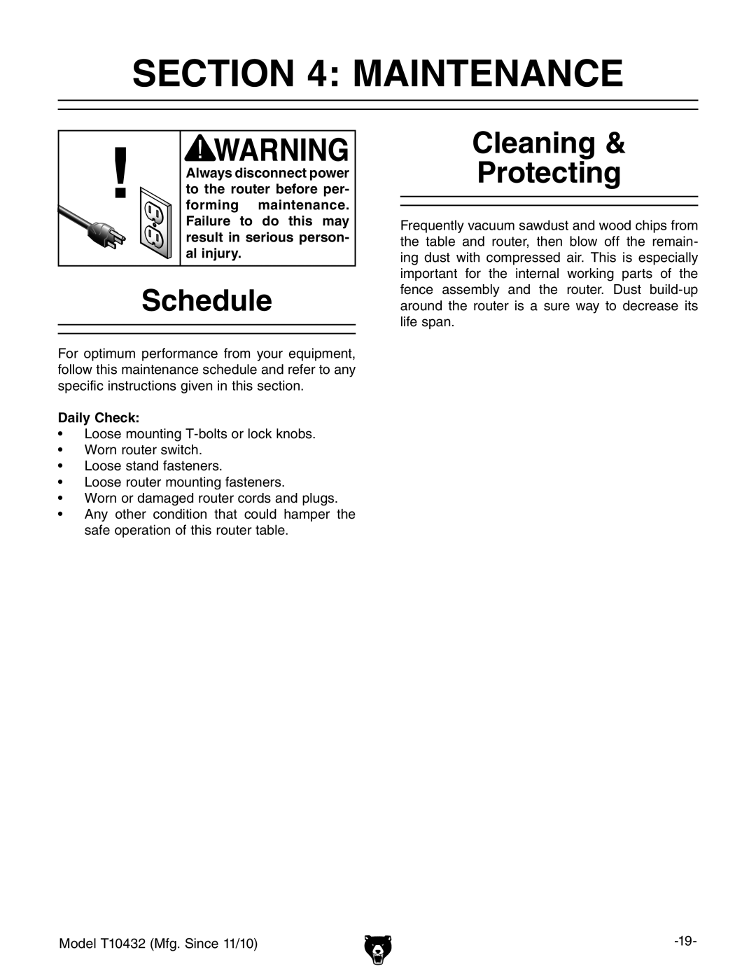 Grizzly T10432 owner manual Maintenance, Schedule, Cleaning Protecting, Daily Check 