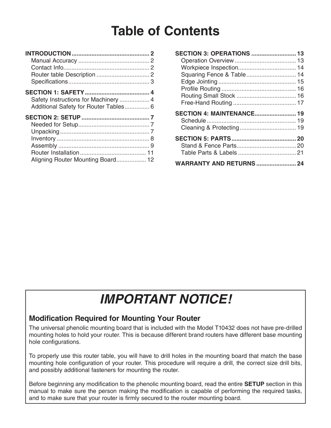 Grizzly T10432 owner manual Table of Contents, Important Notice 