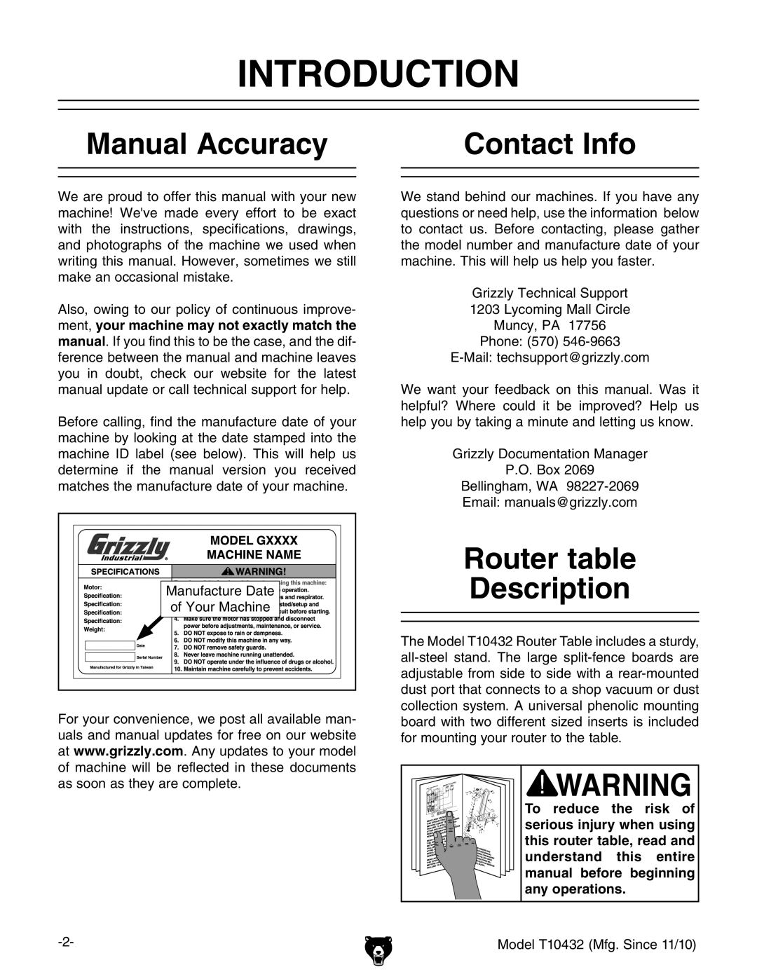 Grizzly T10432 owner manual Introduction, Manual Accuracy Contact Info, Router table Description 