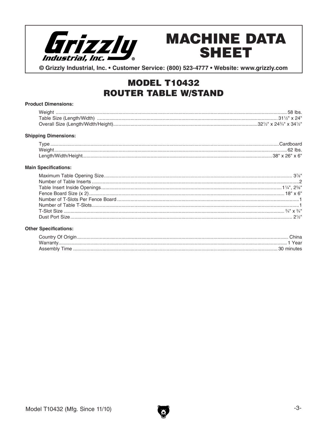 Grizzly T10432 owner manual Machine Data Sheet 