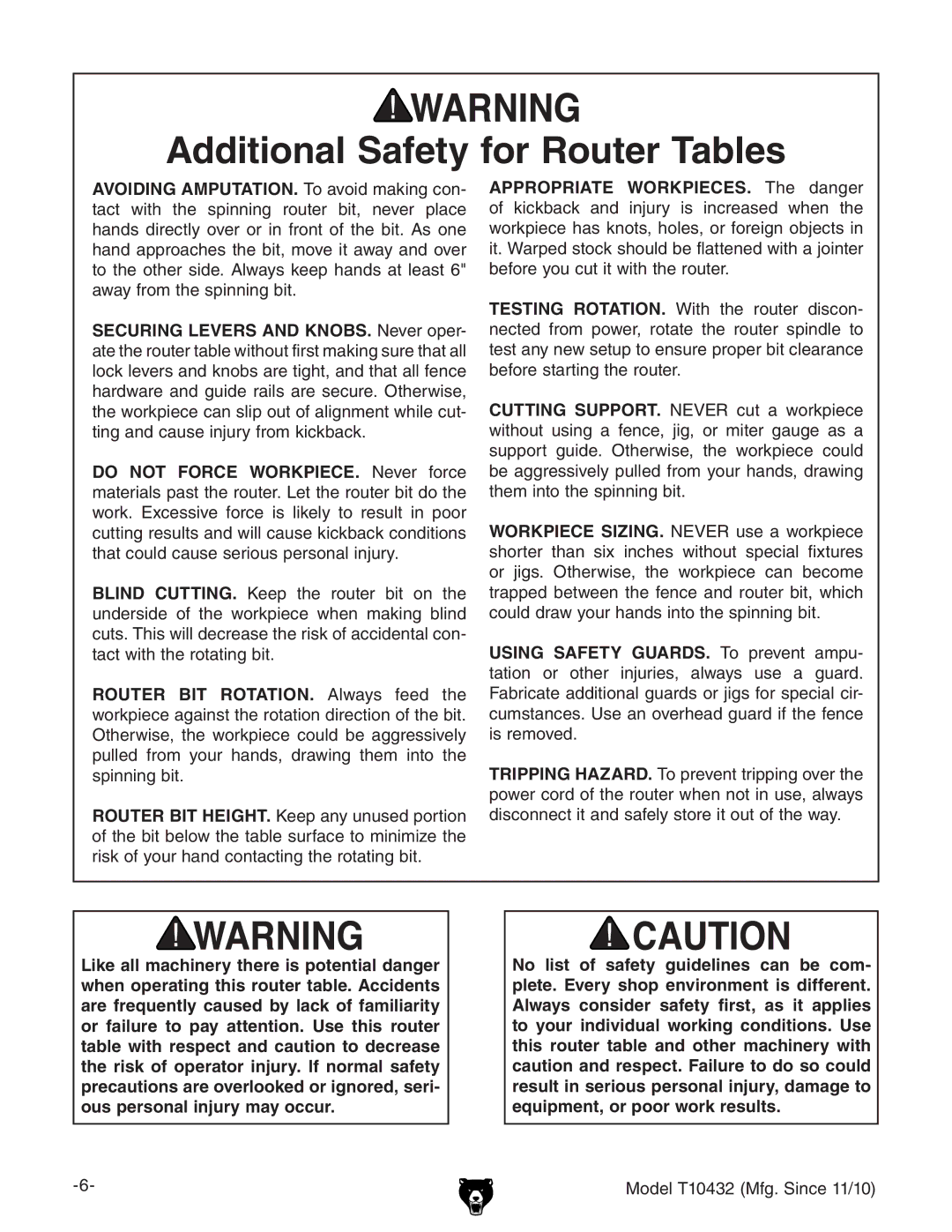 Grizzly T10432 owner manual Additional Safety for Router Tables 