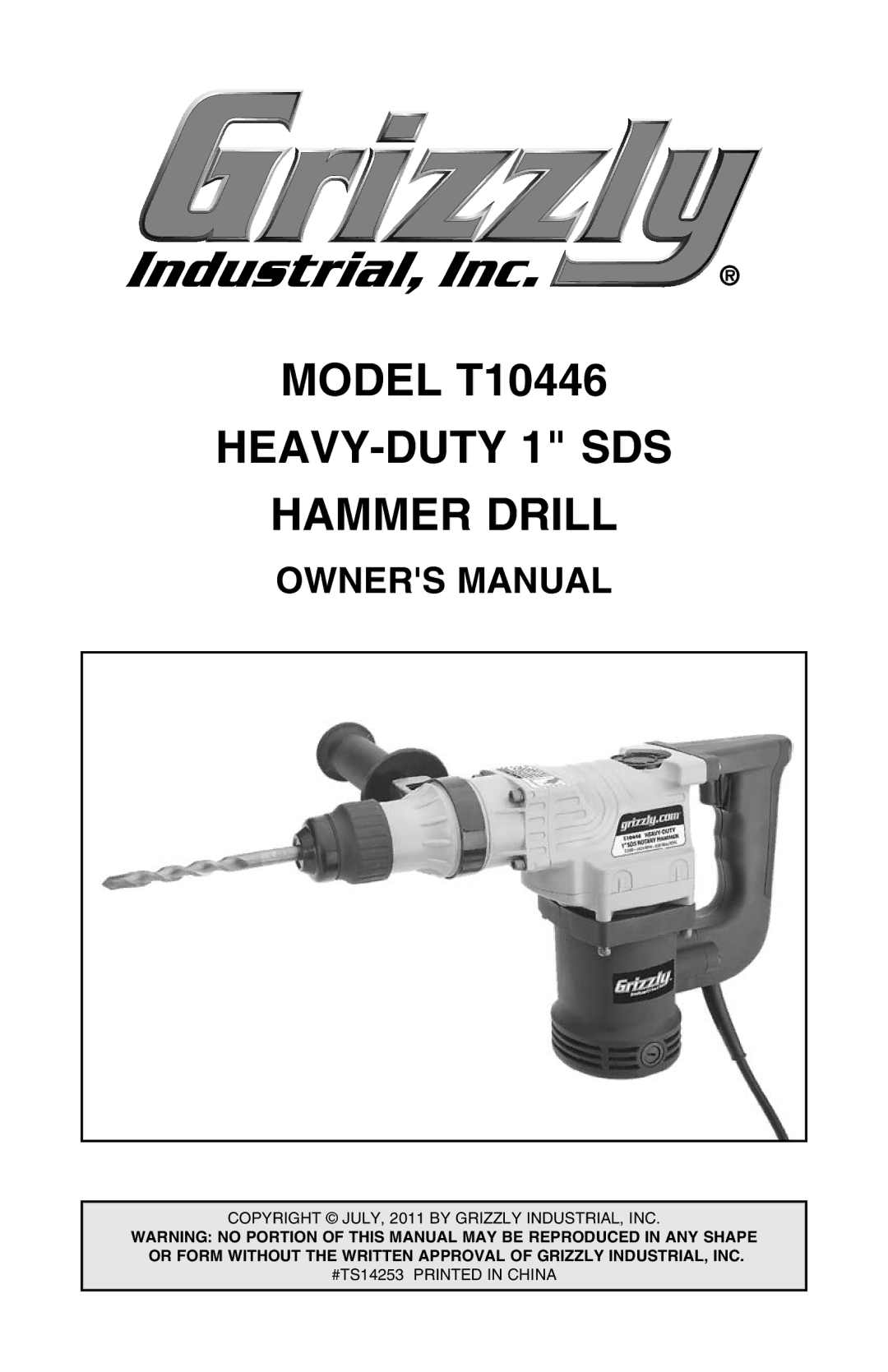 Grizzly T10446 owner manual HEAVY-DUTY 1 SDS Hammer Drill 