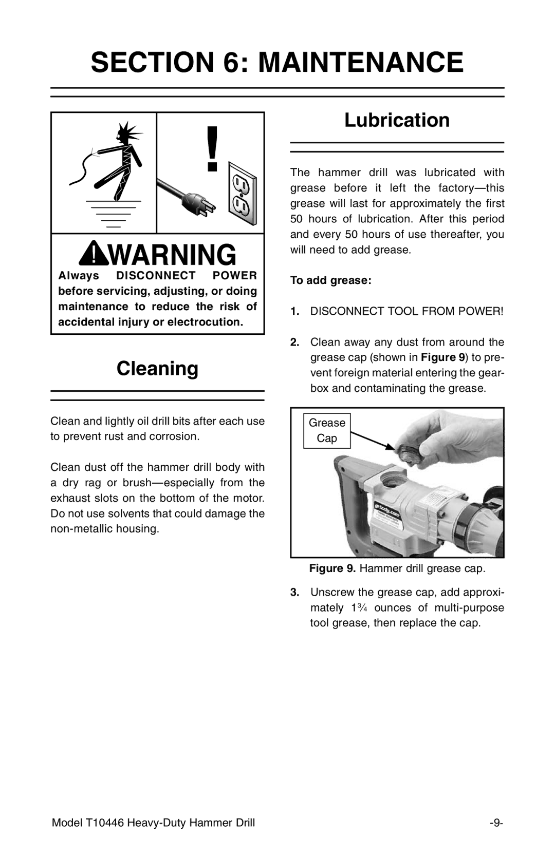 Grizzly T10446 owner manual Maintenance, Cleaning, Lubrication 