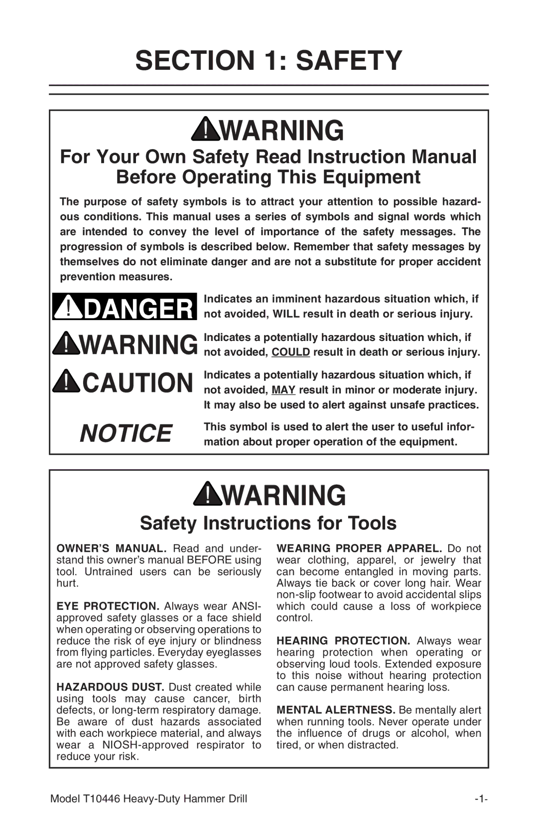 Grizzly T10446 owner manual Before Operating This Equipment, Safety Instructions for Tools 