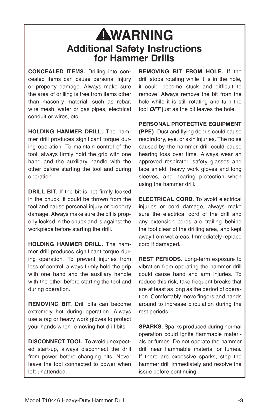 Grizzly T10446 owner manual Additional Safety Instructions For Hammer Drills 