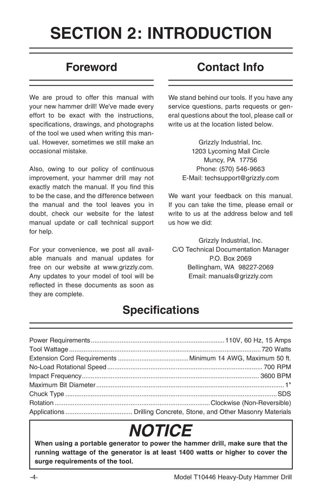 Grizzly T10446 owner manual Introduction, Foreword Contact Info, Specifications 