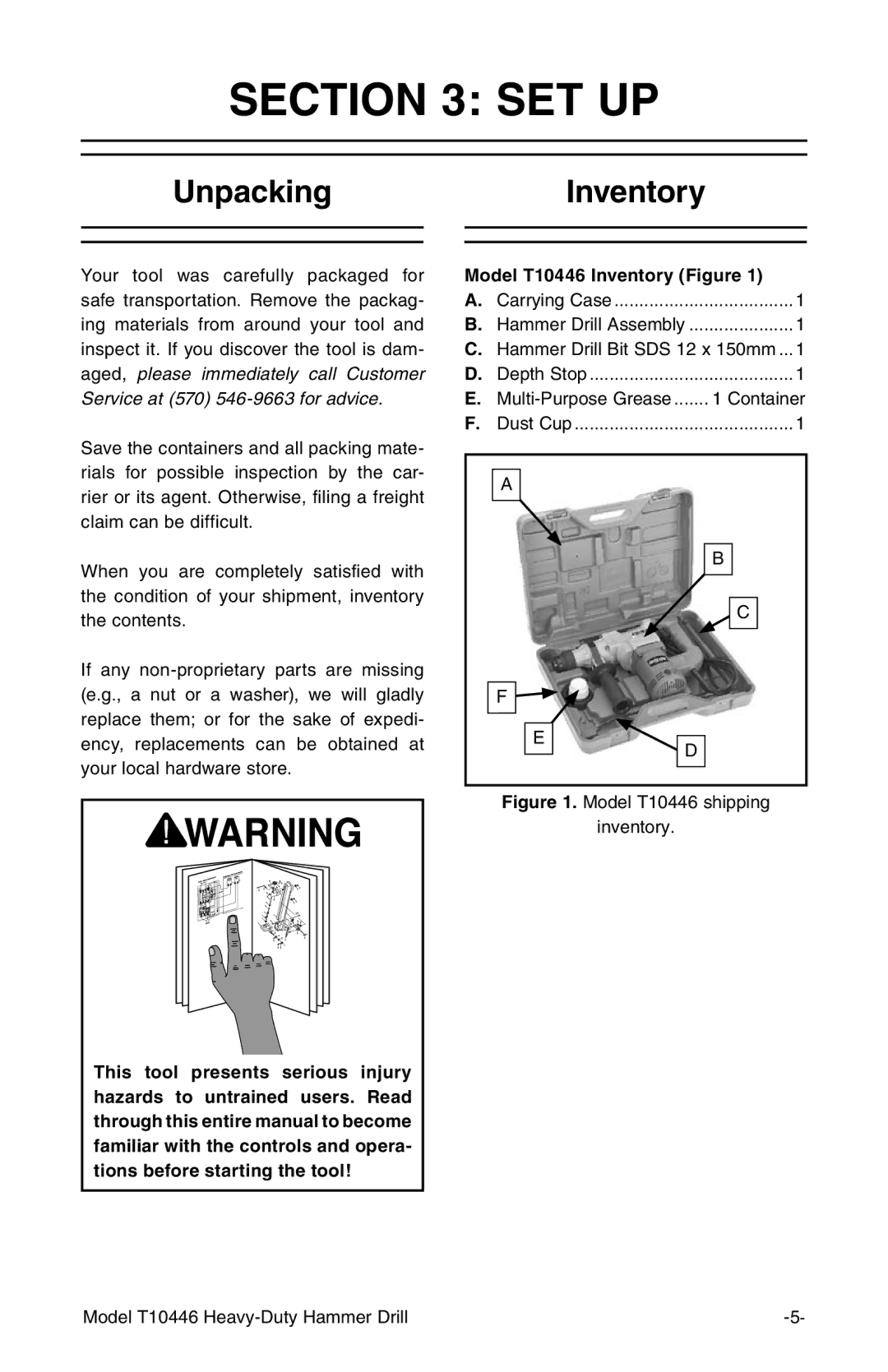 Grizzly T10446 owner manual Set Up, UnpackingInventory 