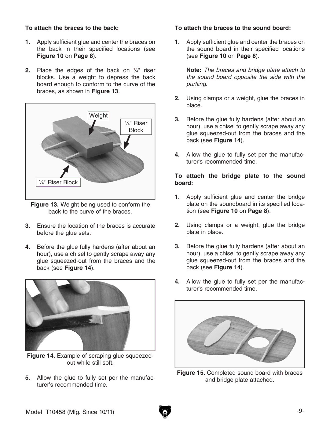 Grizzly T10458 instruction manual To attach the braces to the back, To attach the braces to the sound board 