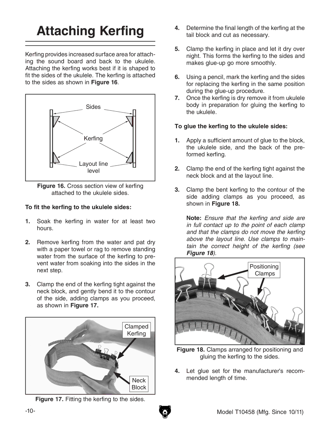 Grizzly T10458 Attaching Kerfing, To fit the kerfing to the ukulele sides, To glue the kerfing to the ukulele sides 
