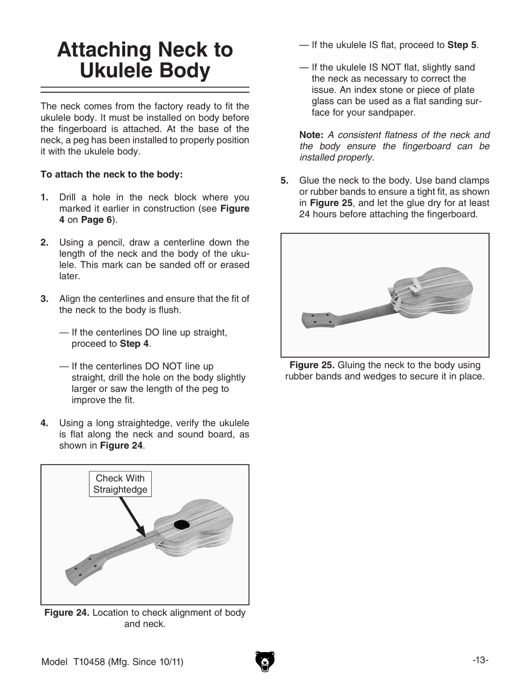 Grizzly T10458 instruction manual Attaching Neck to Ukulele Body, To attach the neck to the body 