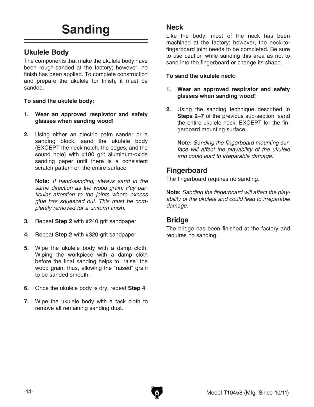 Grizzly T10458 instruction manual Sanding, Ukulele Body 