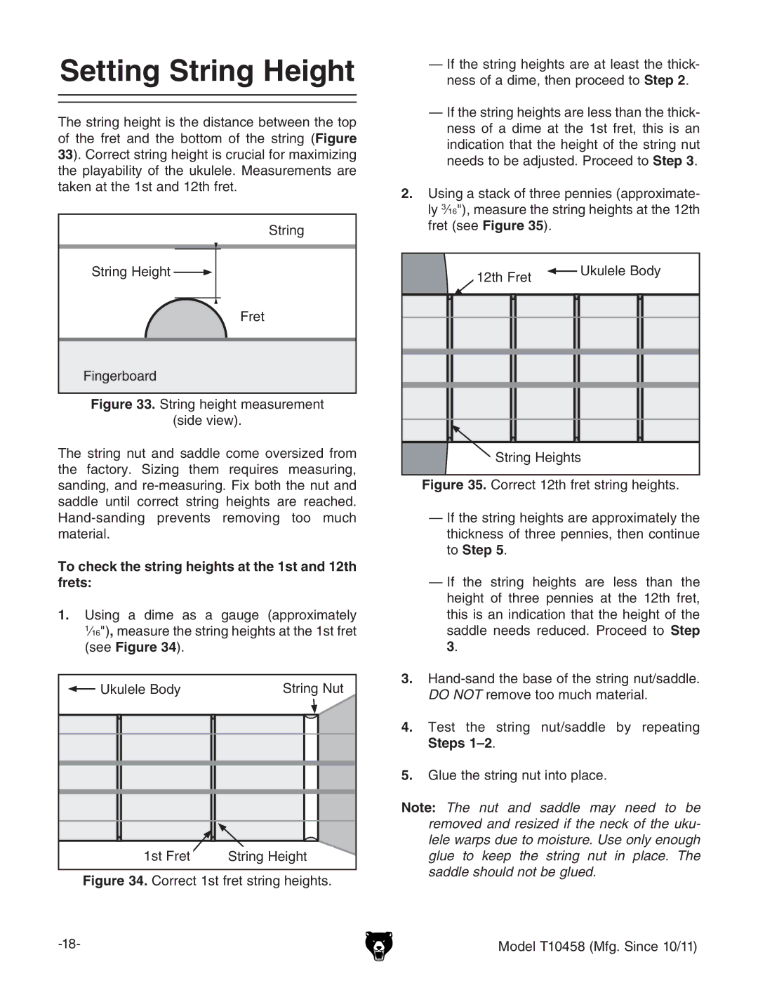 Grizzly T10458 Setting String Height, To Step To check the string heights at the 1st and 12th, Frets, See Figure, Steps 