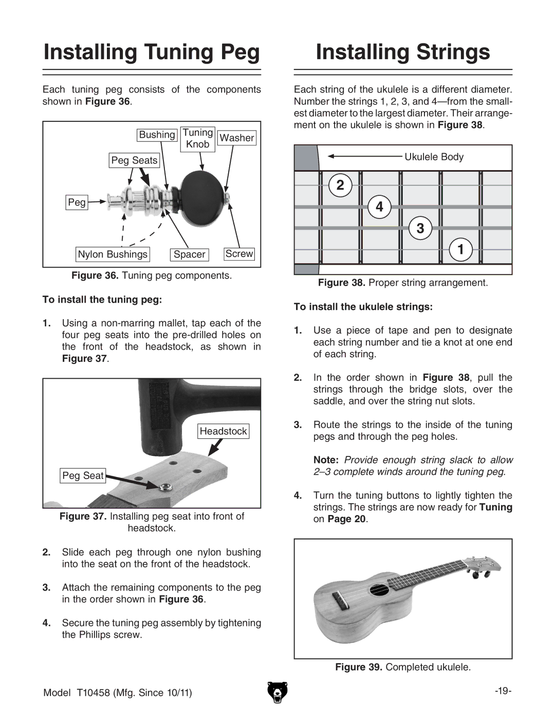 Grizzly T10458 Installing Tuning Peg Installing Strings, To install the tuning peg To install the ukulele strings 