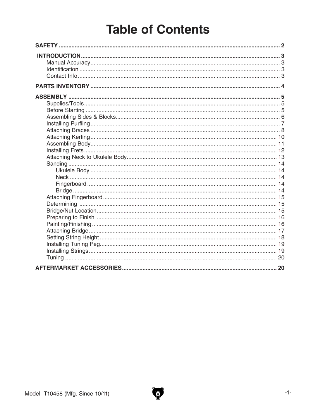 Grizzly T10458 instruction manual Table of Contents 