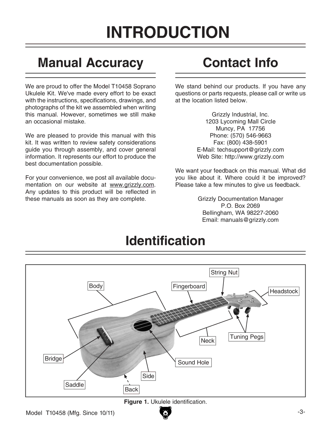 Grizzly T10458 instruction manual Introduction, Manual Accuracy, Contact Info, Identification 