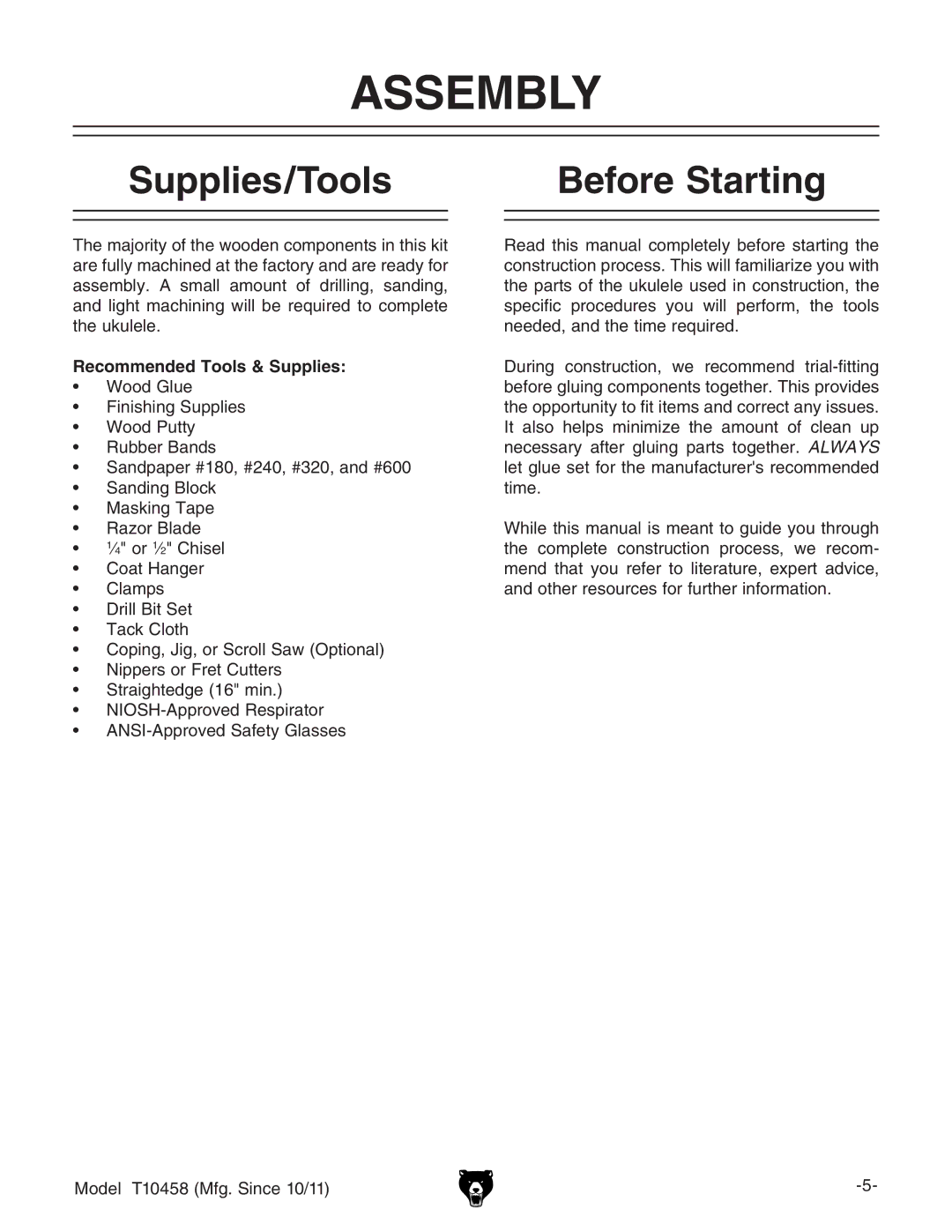 Grizzly T10458 instruction manual Assembly, Supplies/Tools Before Starting, Recommended Tools & Supplies 