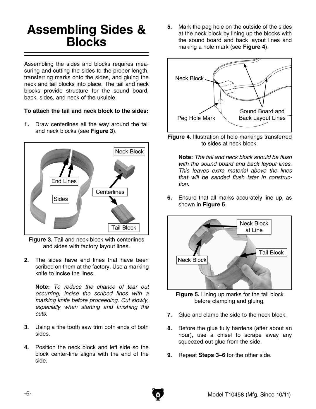 Grizzly T10458 instruction manual Assembling Sides Blocks, To attach the tail and neck block to the sides 