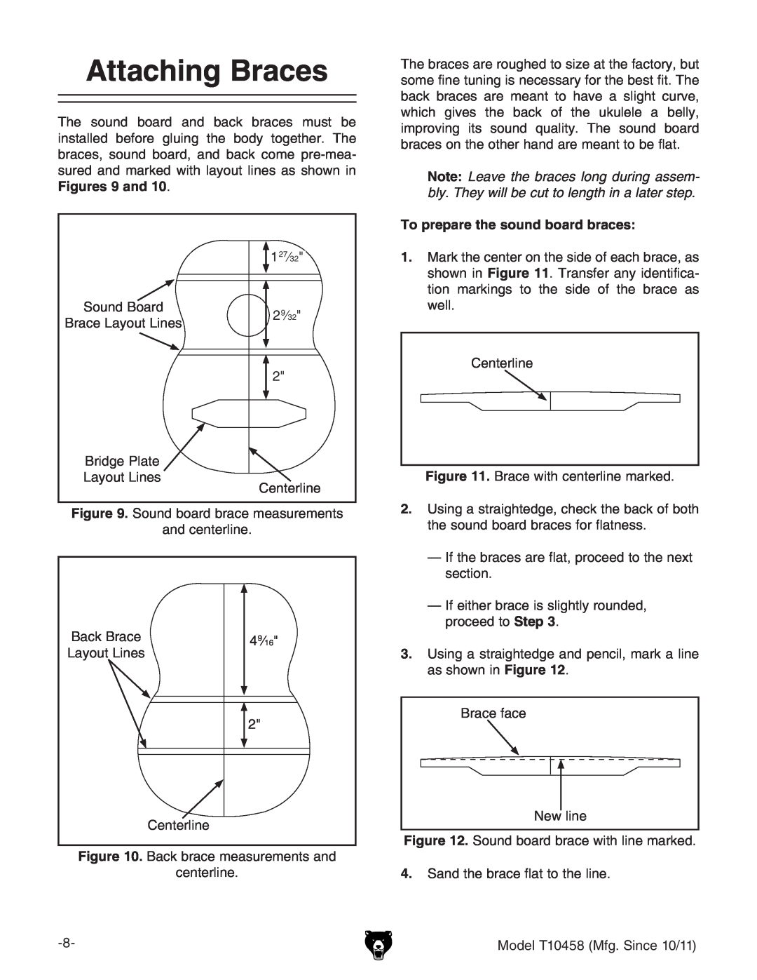Grizzly T10458 instruction manual Attaching Braces, To prepare the sound board braces 