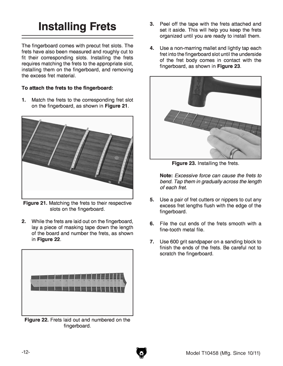 Grizzly T10458 instruction manual Installing Frets, To attach the frets to the fingerboard 