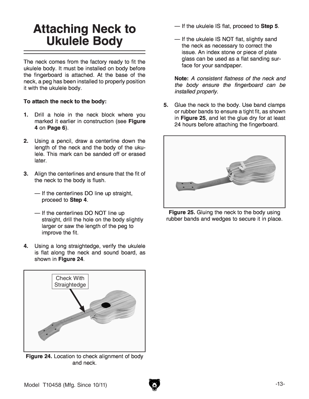 Grizzly T10458 instruction manual Attaching Neck to Ukulele Body, To attach the neck to the body 