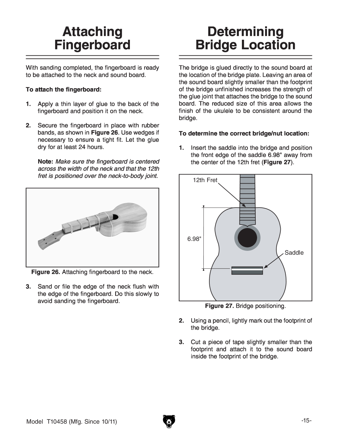 Grizzly T10458 instruction manual Attaching Fingerboard, Determining Bridge Location, To attach the fingerboard 