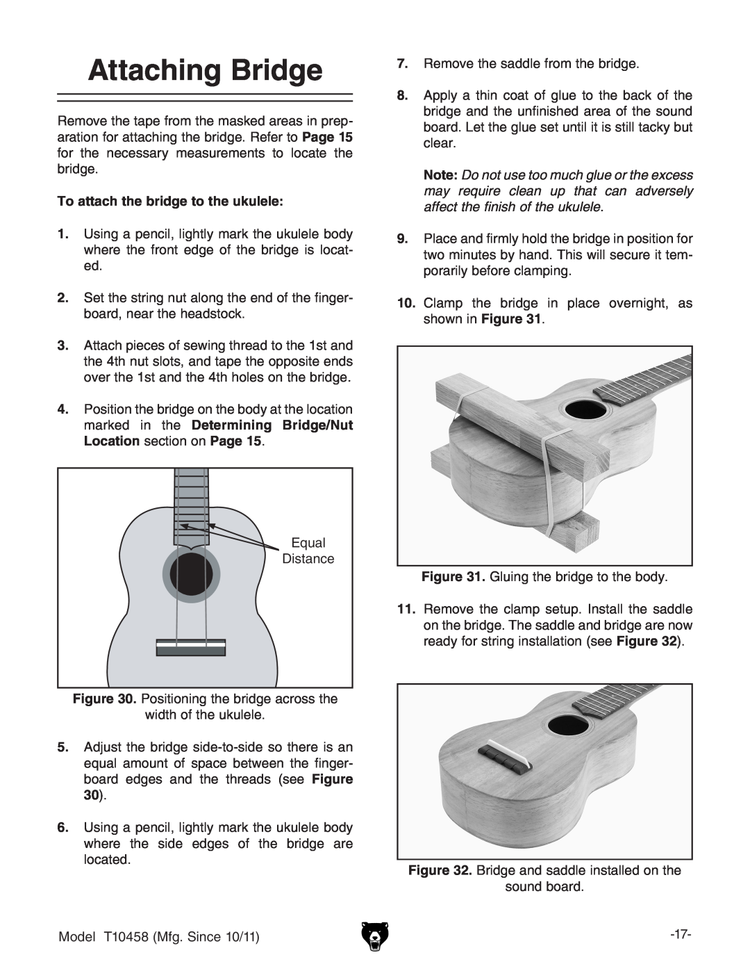 Grizzly T10458 instruction manual Attaching Bridge, To attach the bridge to the ukulele 
