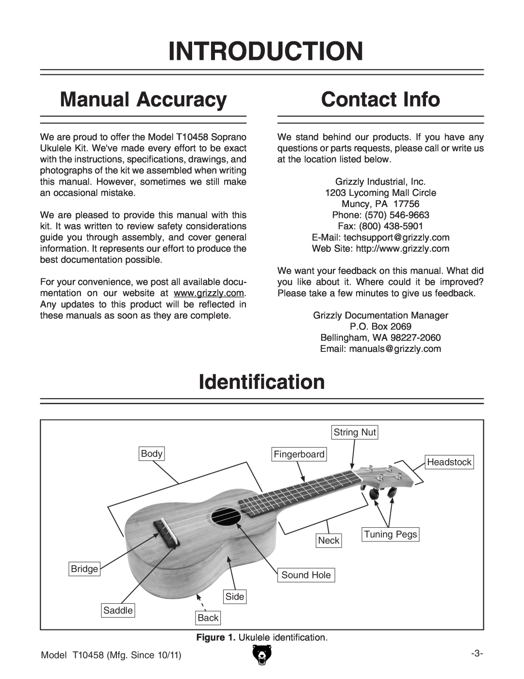 Grizzly T10458 instruction manual Introduction, Manual Accuracy, Contact Info, Identification 