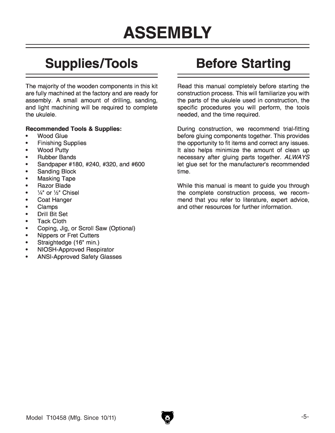 Grizzly T10458 instruction manual Assembly, Supplies/Tools, Before Starting, Recommended Tools & Supplies 